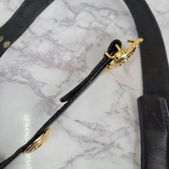 Black Leather Belt with Gold Toned Crest Medallions Conchos - Picture 7 of 12